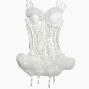 Victoria’s Secret Corset Lingerie White Rhinestone Bustier Feather Trim Ruffle